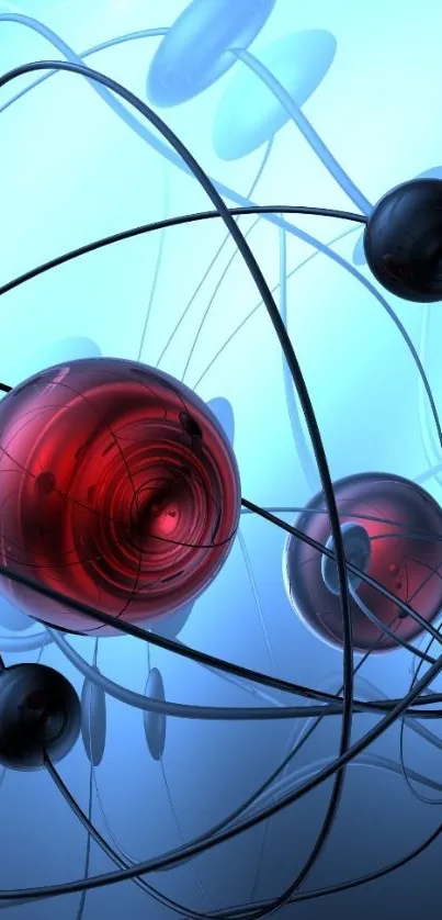 Futuristic abstract design with red orbs and complex wires.