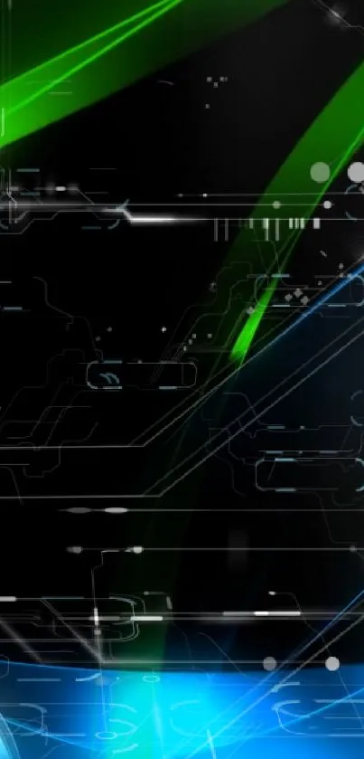 Futuristic abstract wallpaper with neon green and blue accents on a black background.