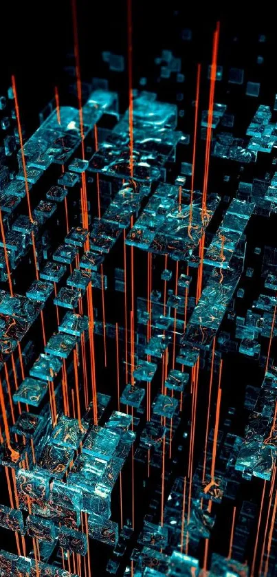 Futuristic abstract wallpaper with cyan and orange geometric patterns.
