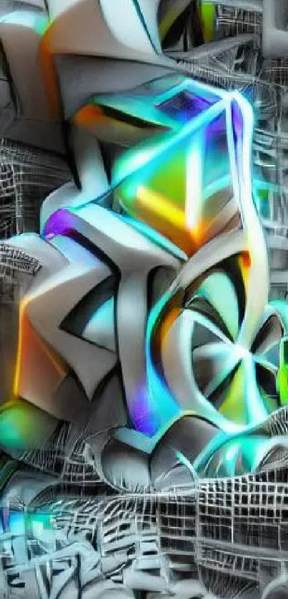 Futuristic neon abstract art with geometric shapes on wallpaper.