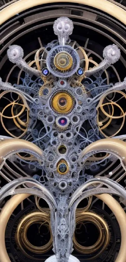 Futuristic abstract wallpaper with intricate steampunk elements and golden accents.