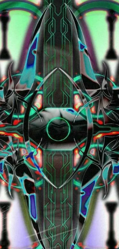 Futuristic abstract phone wallpaper with neon colors and intricate design.