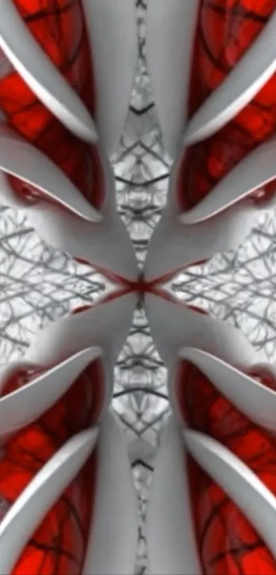 Futuristic abstract wallpaper with red and white swirling patterns.