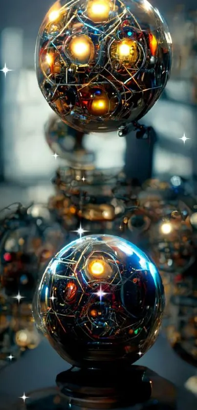 Futuristic spheres with glowing lights in an abstract design.