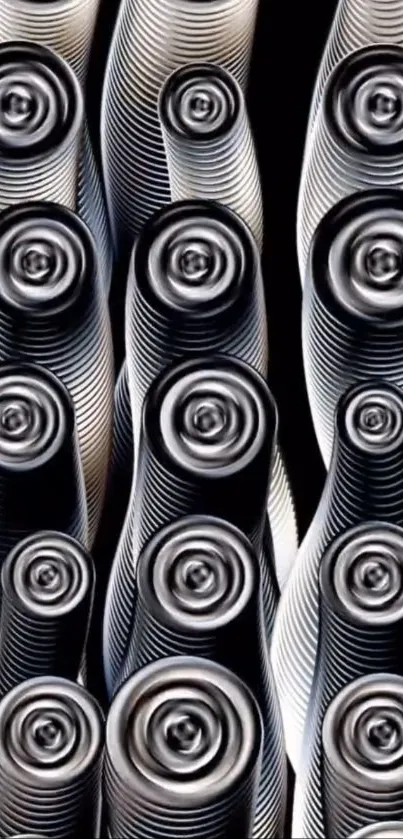Abstract spiral design wallpaper with black and white tones.