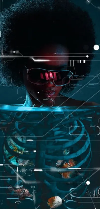 Futuristic surreal afro art with digital elements and fish.