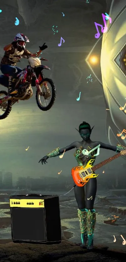 Futuristic scene with biker and musician under a sci-fi sky.