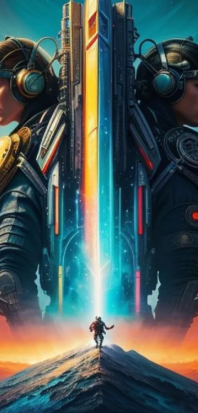 Futuristic warriors with cosmic backdrop.