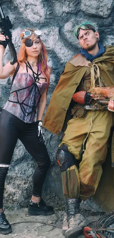 Two futuristic adventurers with weapons against a rocky wall.
