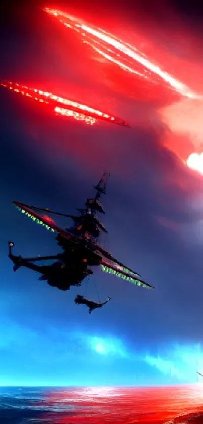 Futuristic battle scene with ships at dusk on the ocean.