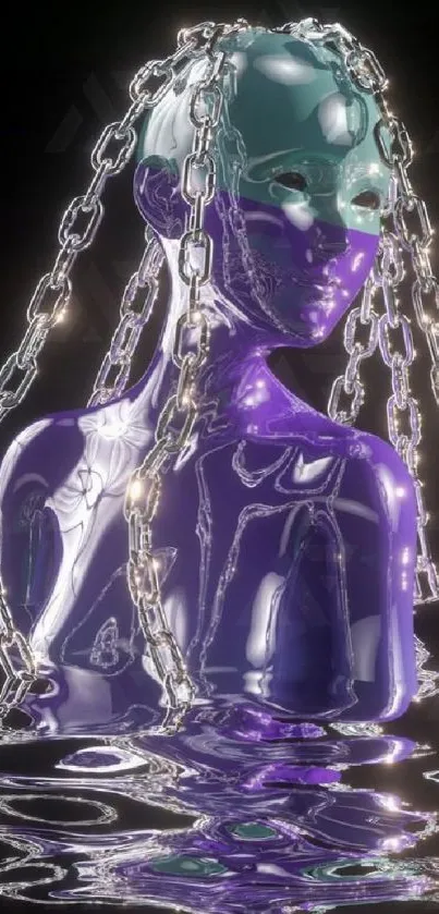 Futuristic digital figure with chains and glowing purple hues.