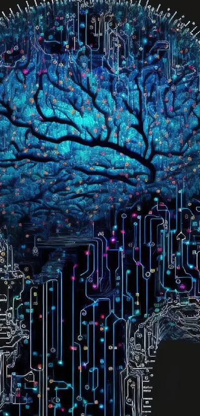 Futuristic brain with AI circuitry on dark background.