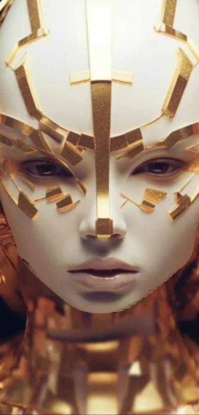 Futuristic AI face with golden accents on wallpaper.