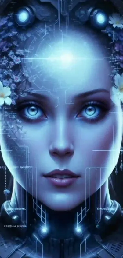 Futuristic AI face with glowing blue and floral details.