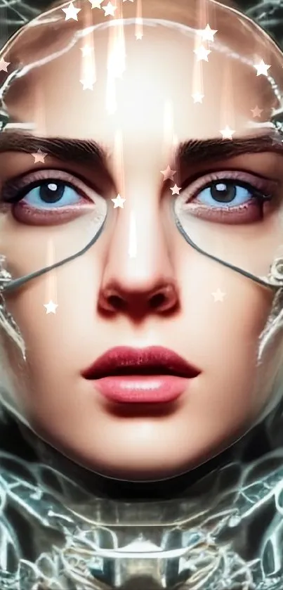 Futuristic AI face with striking blue eyes.