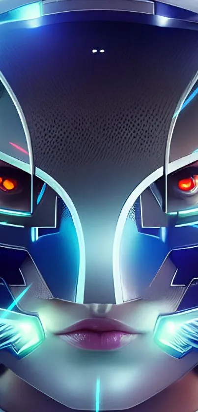 Futuristic AI face with vibrant neon colors and cyber aesthetics.