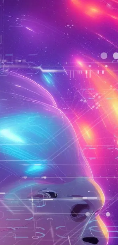 Futuristic neon AI wallpaper with vibrant purple and blue hues.