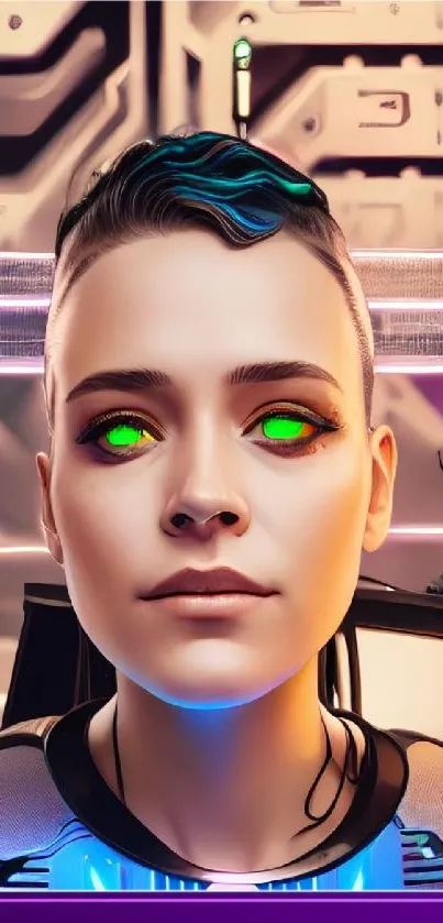 Futuristic AI portrait with neon eyes in cyber setting.