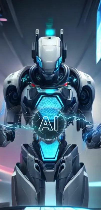 Futuristic AI robot with neon blue accents in a digital setting.