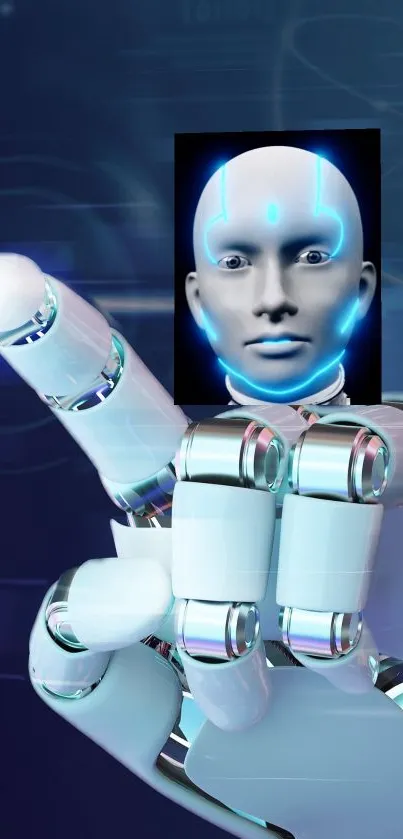 Futuristic AI humanoid robot with neon blue accents on a digital background.