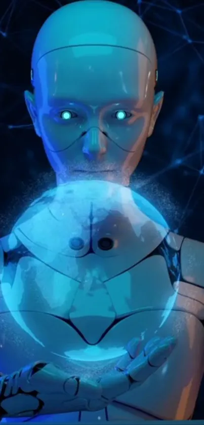 Futuristic AI robot holding glowing orb with blue digital background.