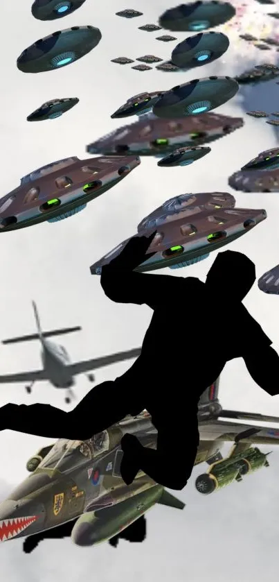 Dynamic wallpaper with UFOs and jets in battle.