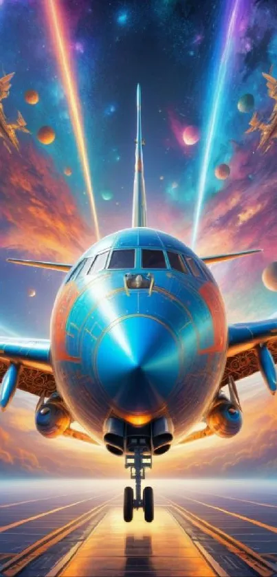 Futuristic aircraft soaring through vibrant galaxies.