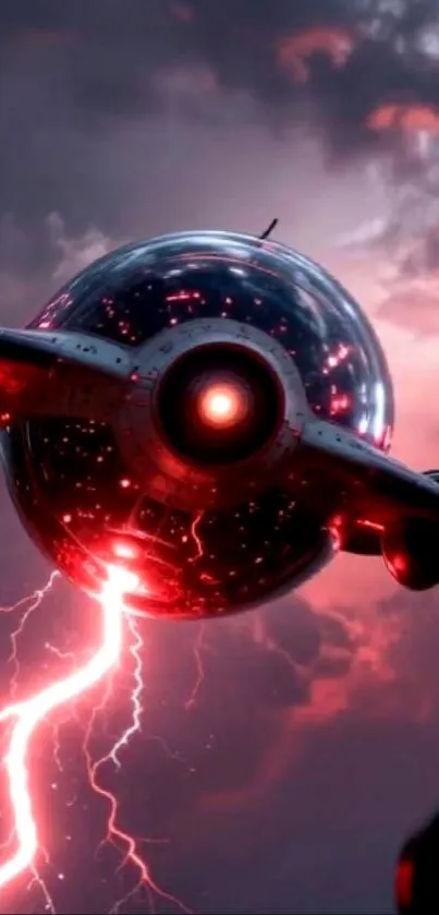 Futuristic aircraft amidst stormy skies and lightning.