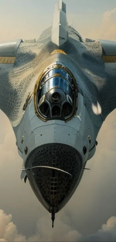Futuristic aircraft soaring above clouds in a modern art style.
