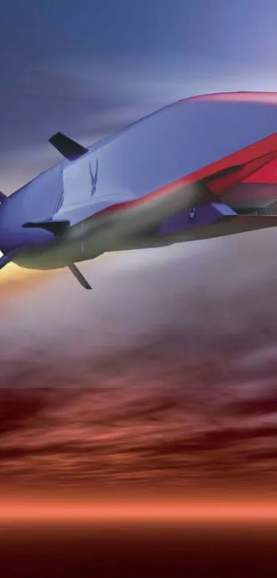 Futuristic aircraft against sunset sky background.