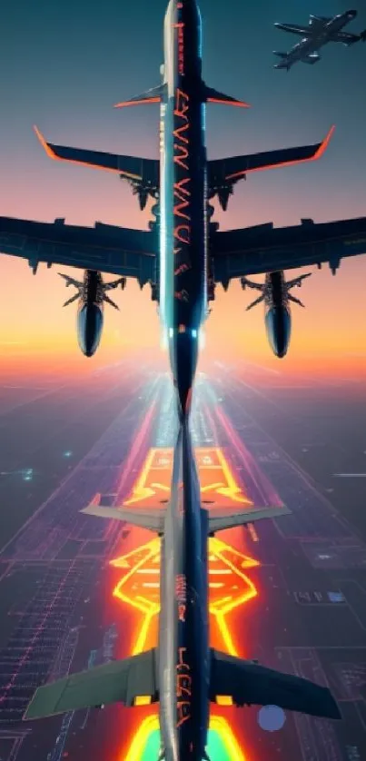 Futuristic airplane art with neon lights against an orange dusk sky.