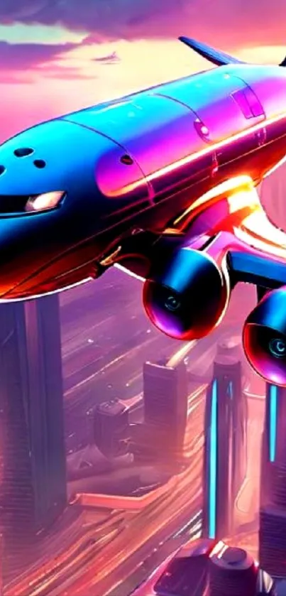 Futuristic airplane flying over a vibrant cityscape with colorful buildings.
