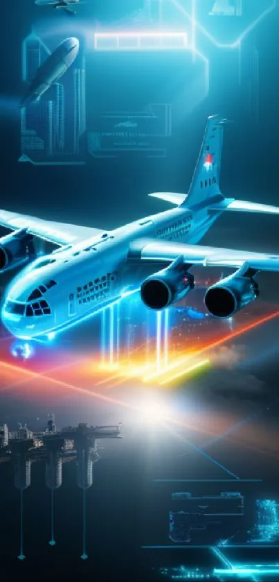 Futuristic airplane with neon blue glow and tech elements in digital wallpaper art.