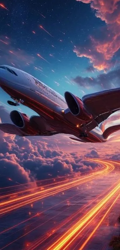 Futuristic airplane flying through colorful sky with light trails.