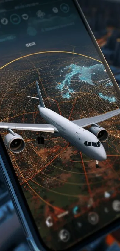 Futuristic airplane flying over a digital cityscape on smartphone screen.