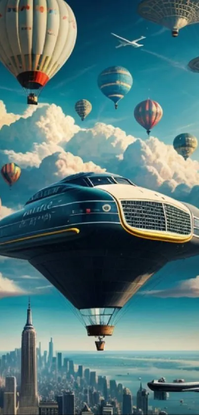 Futuristic airship above city skyline with hot air balloons in vibrant sky.