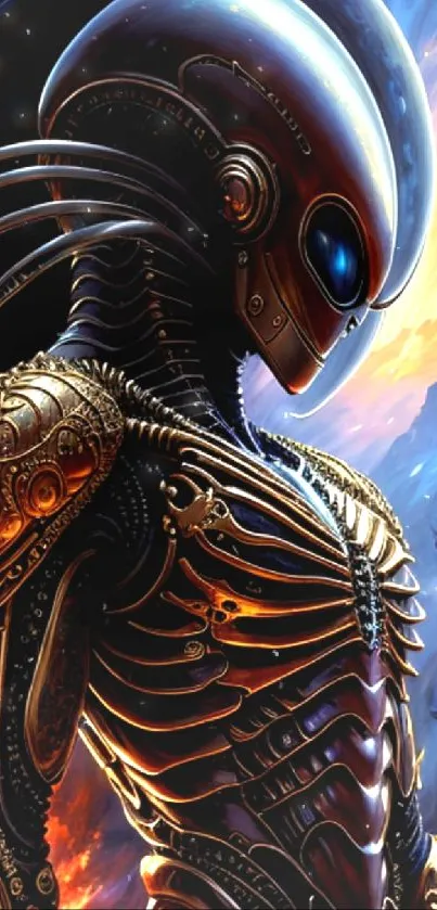 Futuristic alien in metallic armor with vibrant colors.