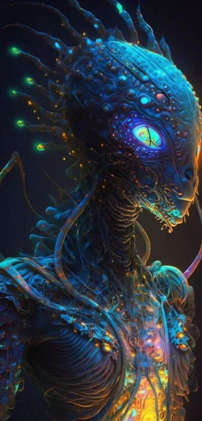 Futuristic alien art with vibrant, glowing details and electric hues.
