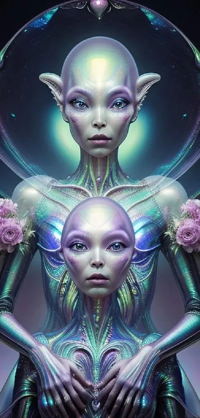 Futuristic alien art with ethereal designs and vibrant colors.