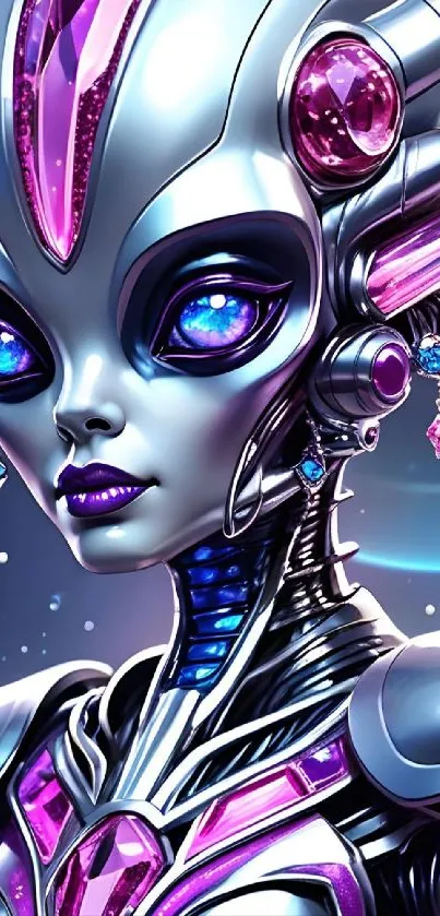 Futuristic alien-themed wallpaper with robotic design in purple hues.