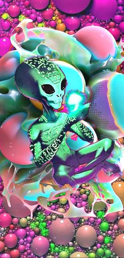 Futuristic neon alien art with bright colors on a digital wallpaper.