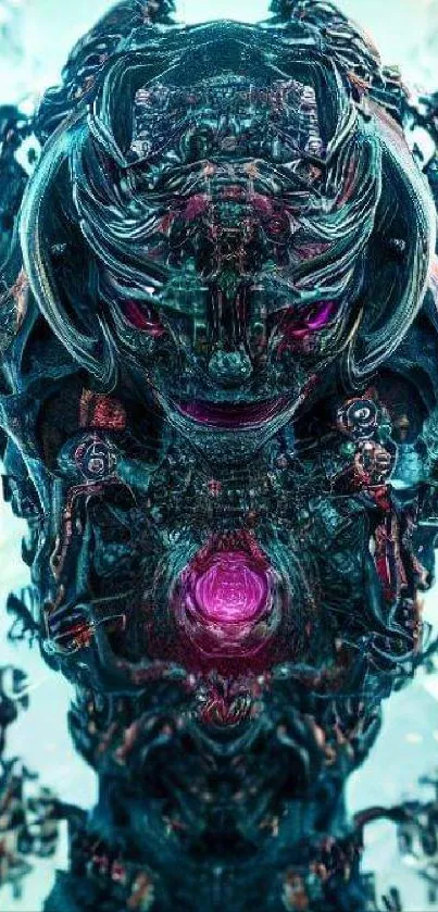 Futuristic alien design wallpaper with glowing magenta and cyan highlights.