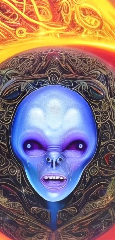 Surreal alien face with vibrant colors in digital art wallpaper.