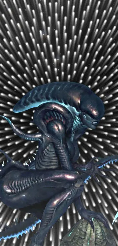 Futuristic alien creature on a dynamic, dark abstract background.