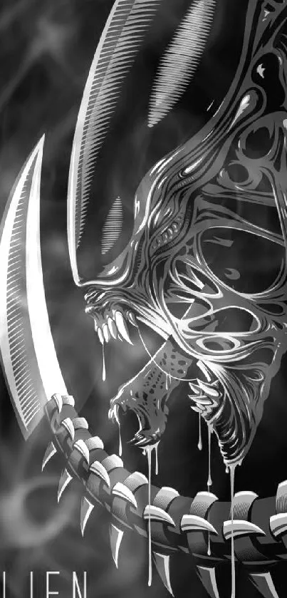 Intricate alien design on a dark background mobile wallpaper.