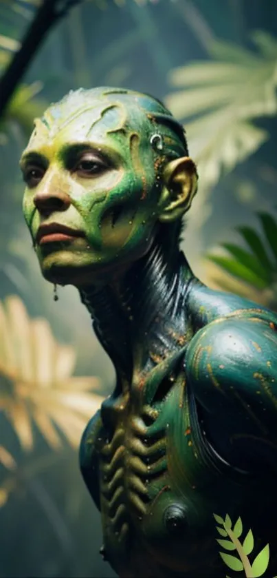 Green humanoid in futuristic jungle-themed artwork.