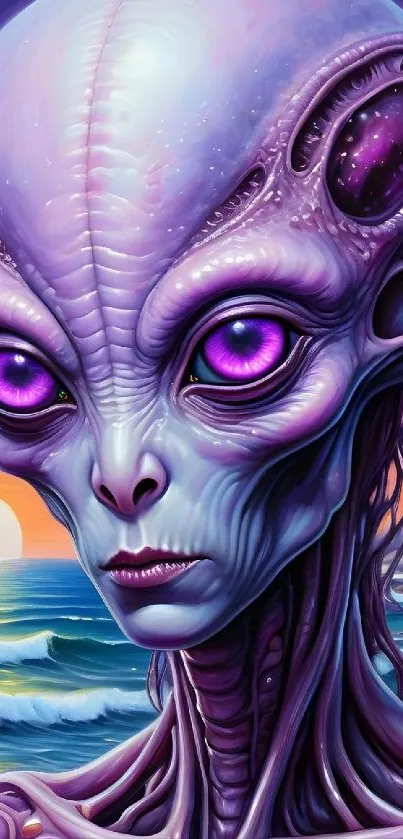 Futuristic alien art wallpaper in vibrant purple hues.