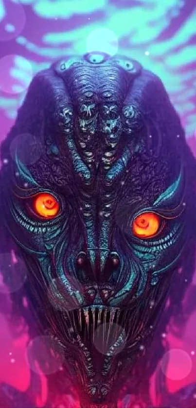 Futuristic alien with vibrant colors and glowing eyes.