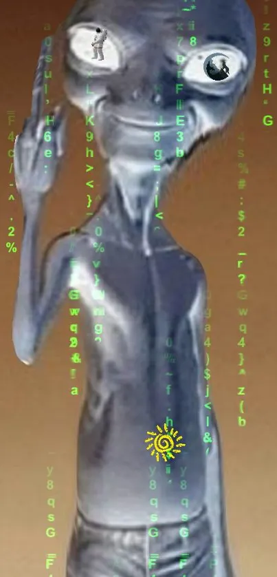 Futuristic alien figure with matrix codes on brown background.
