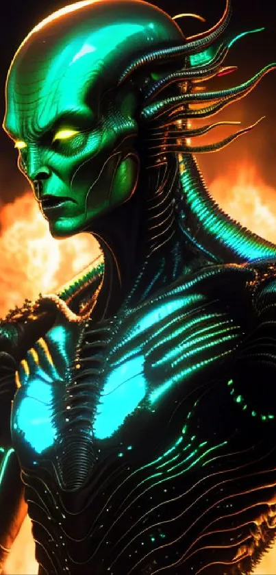 Futuristic alien with neon glow in a fiery background.